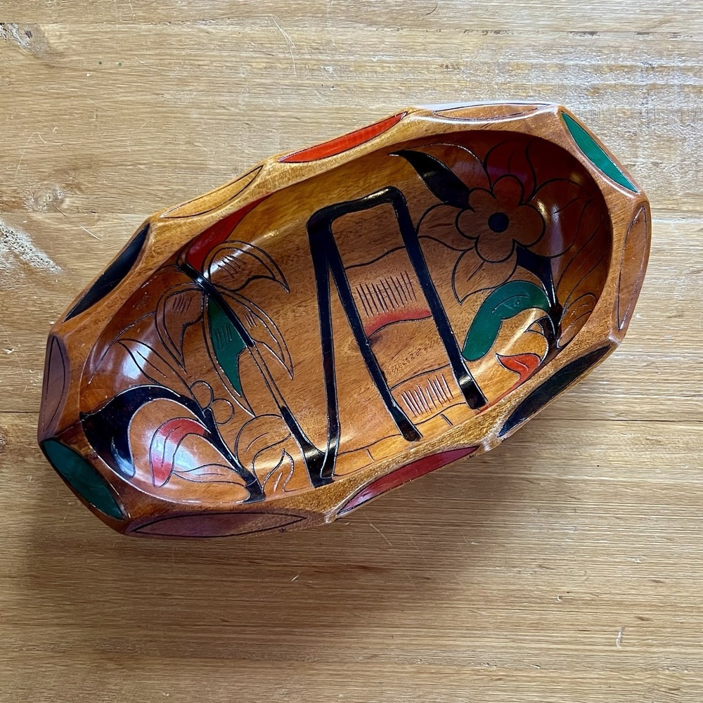 Vintage Hand Carved Wood Fruit Bowl Painted Floral Folk Art Decorative